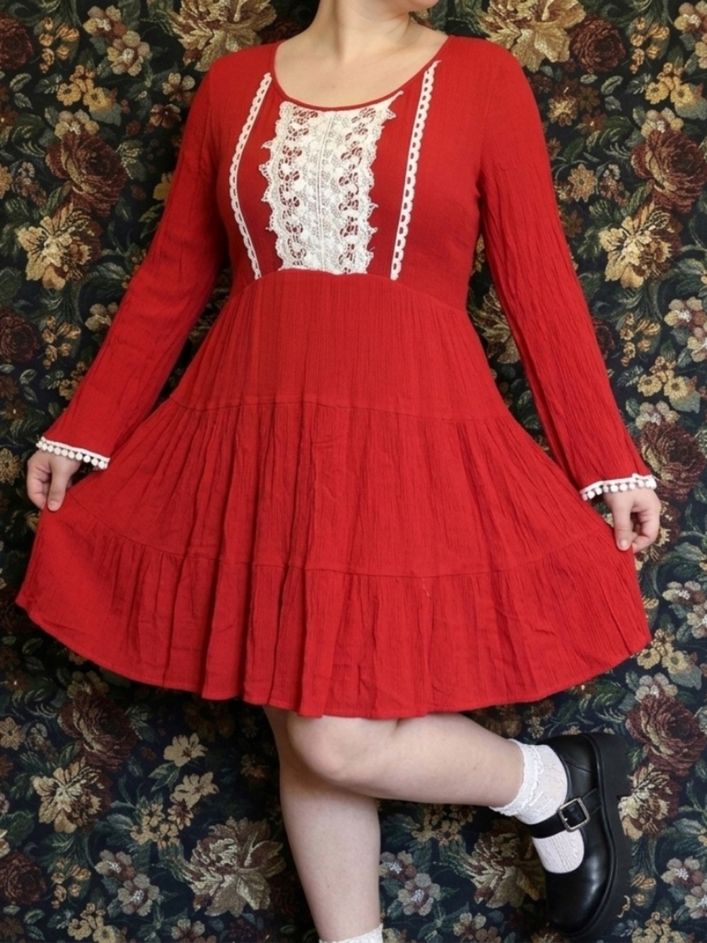 White Mark Red Lace Bib Tiered Boho Mini Dress XL